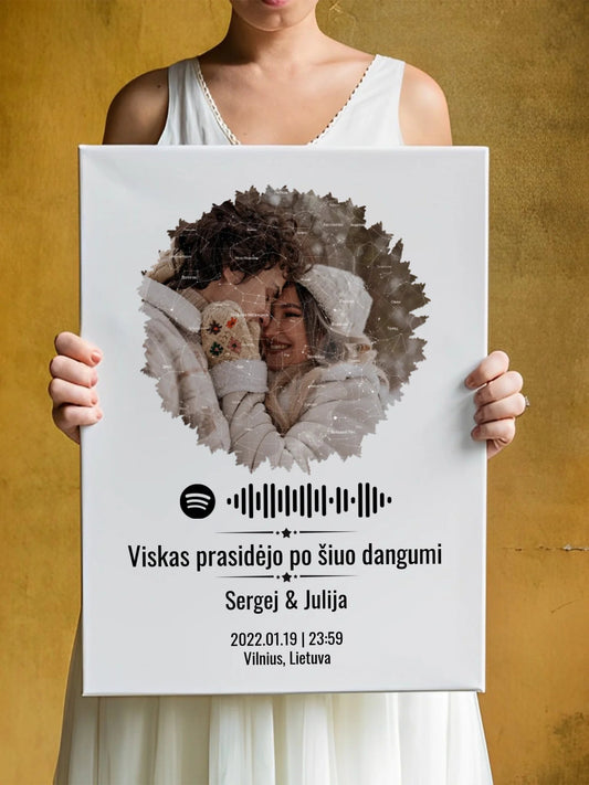Personalizuotas žvaigždžių žemėlapis su skirtingomis formomis ir jūsų nuotrauka bei „Spotify“ kodu  Drobe -  dovanokis.lt