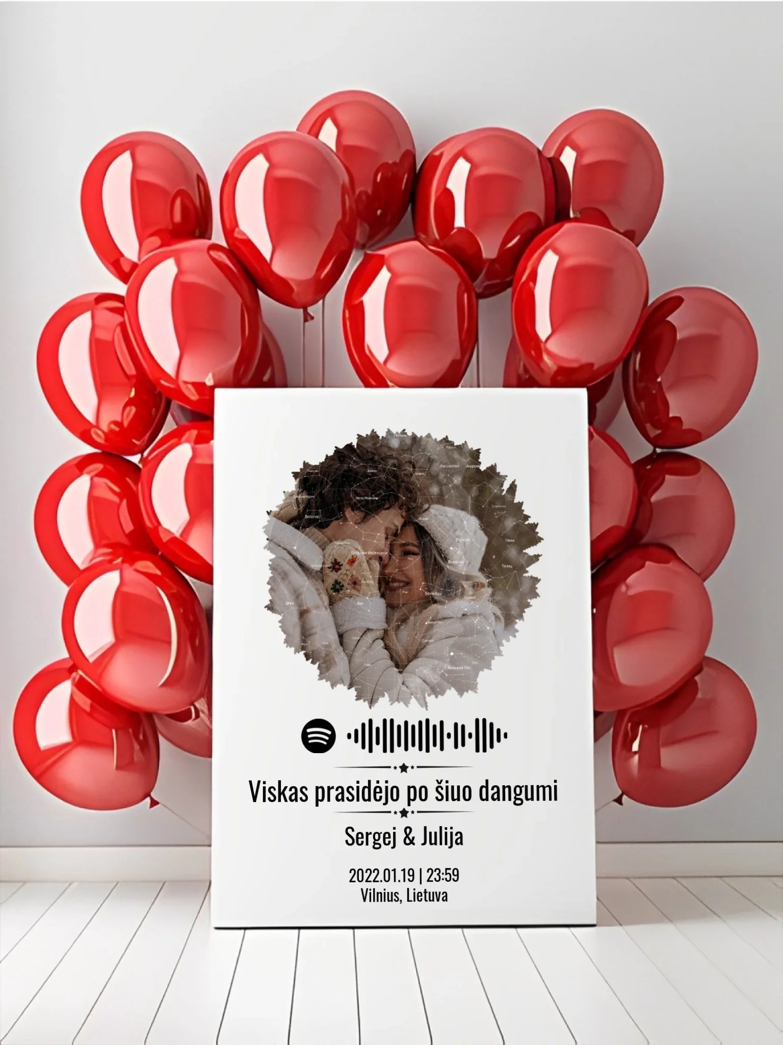Personalizuotas žvaigždžių žemėlapis su skirtingomis formomis ir jūsų nuotrauka bei „Spotify“ kodu  Drobe -  dovanokis.lt