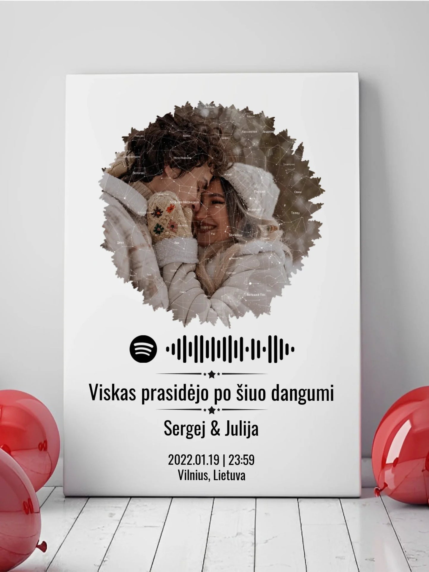 Personalizuotas žvaigždžių žemėlapis su skirtingomis formomis ir jūsų nuotrauka bei „Spotify“ kodu  Drobe -  dovanokis.lt
