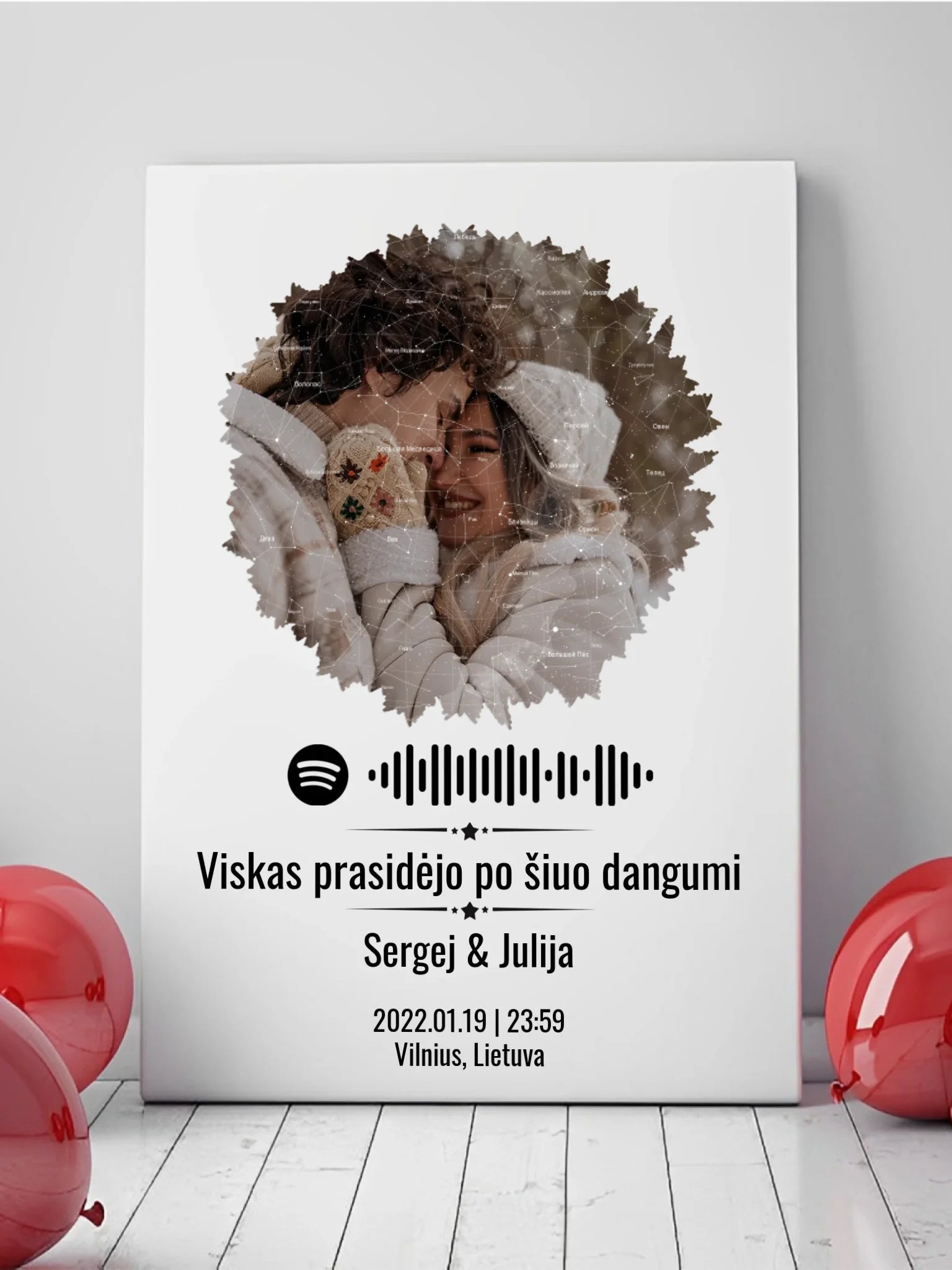 Personalizuotas žvaigždžių žemėlapis su skirtingomis formomis ir jūsų nuotrauka bei „Spotify“ kodu  Drobe -  dovanokis.lt