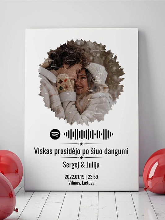 Personalizuotas žvaigždžių žemėlapis su skirtingomis formomis ir jūsų nuotrauka bei „Spotify“ kodu  Drobe -  dovanokis.lt