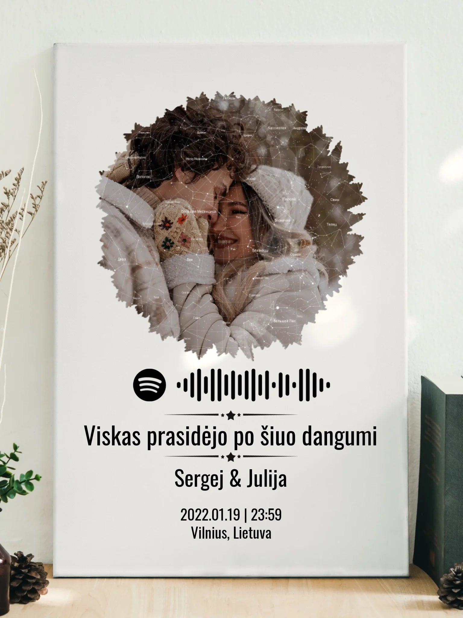 Personalizuotas žvaigždžių žemėlapis su skirtingomis formomis ir jūsų nuotrauka bei „Spotify“ kodu  Drobe -  dovanokis.lt