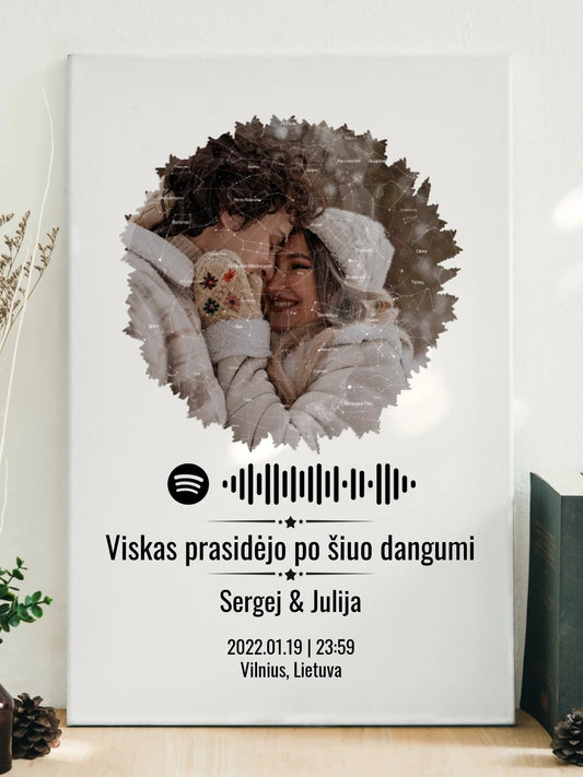 Personalizuotas žvaigždžių žemėlapis su skirtingomis formomis ir jūsų nuotrauka bei „Spotify“ kodu  Drobe -  dovanokis.lt
