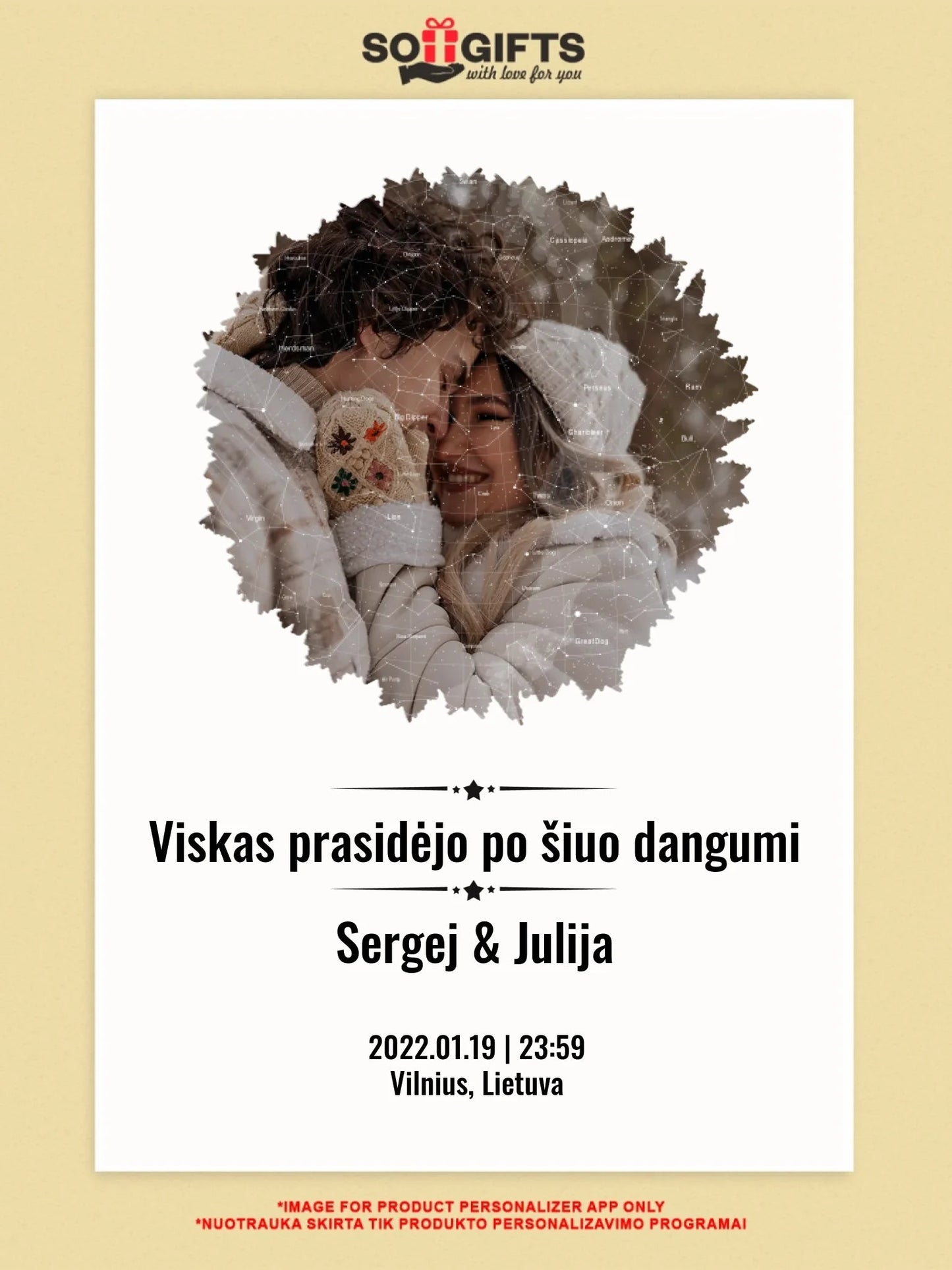 Personalizuotas žvaigždžių žemėlapis su skirtingomis formomis ir jūsų nuotrauka  Drobe -  dovanokis.lt