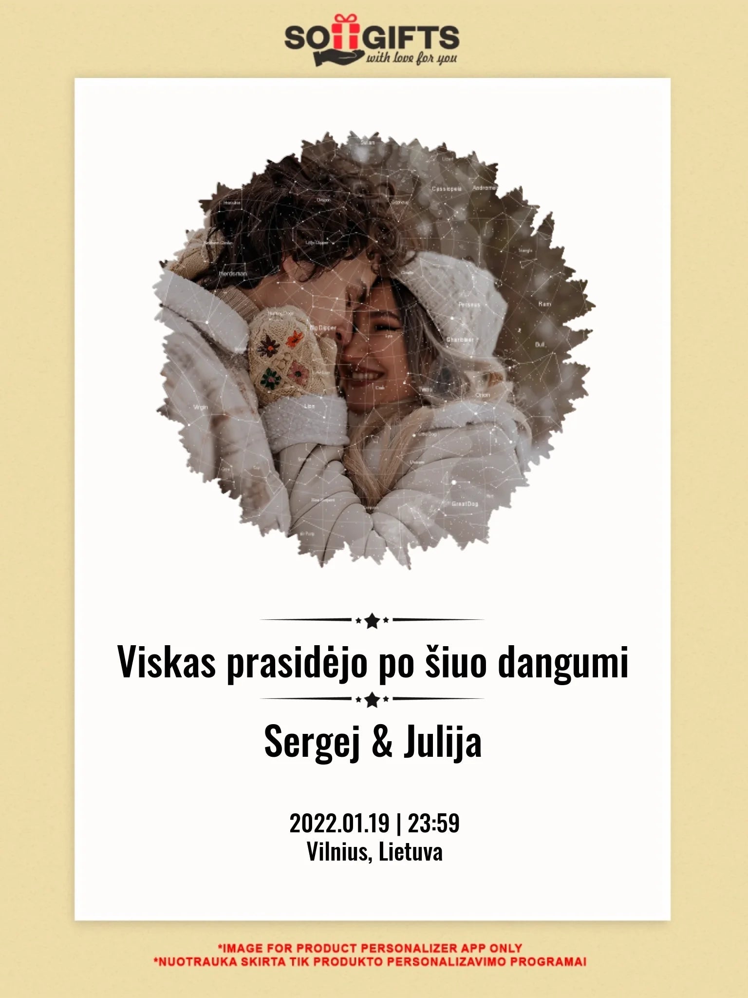 Personalizuotas žvaigždžių žemėlapis su skirtingomis formomis ir jūsų nuotrauka  Drobe -  dovanokis.lt