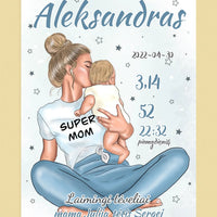 Personalizuota Vaiko Gimimo Metrikų Iliustracija ant drobės, Super Mama, Berniuko gimimo metrika  Drobe -  dovanokis.lt