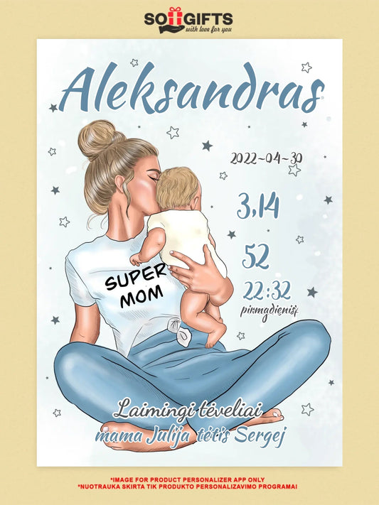 Personalizuota Vaiko Gimimo Metrikų Iliustracija ant drobės, Super Mama, Berniuko gimimo metrika  Drobe -  dovanokis.lt