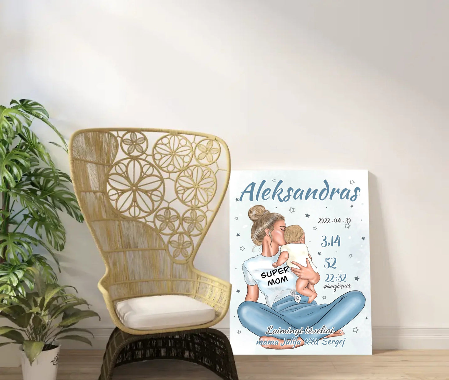 Personalizuota Vaiko Gimimo Metrikų Iliustracija ant drobės, Super Mama, Berniuko gimimo metrika  Drobe -  dovanokis.lt