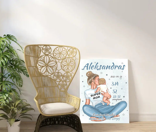 Personalizuota Vaiko Gimimo Metrikų Iliustracija ant drobės, Super Mama, Berniuko gimimo metrika  Drobe -  dovanokis.lt