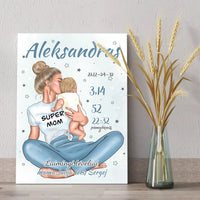 Personalizuota Vaiko Gimimo Metrikų Iliustracija ant drobės, Super Mama, Berniuko gimimo metrika  Drobe -  dovanokis.lt