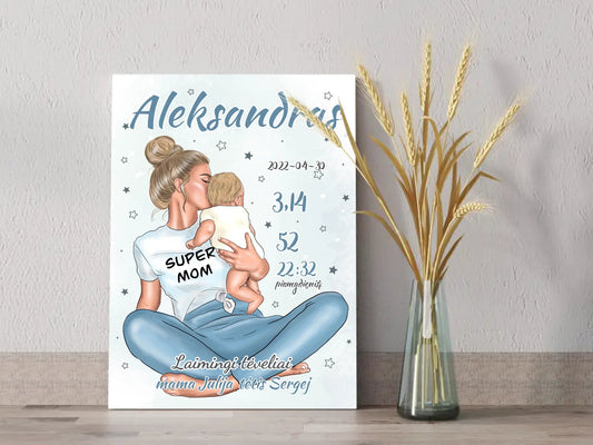 Personalizuota Vaiko Gimimo Metrikų Iliustracija ant drobės, Super Mama, Berniuko gimimo metrika  Drobe -  dovanokis.lt