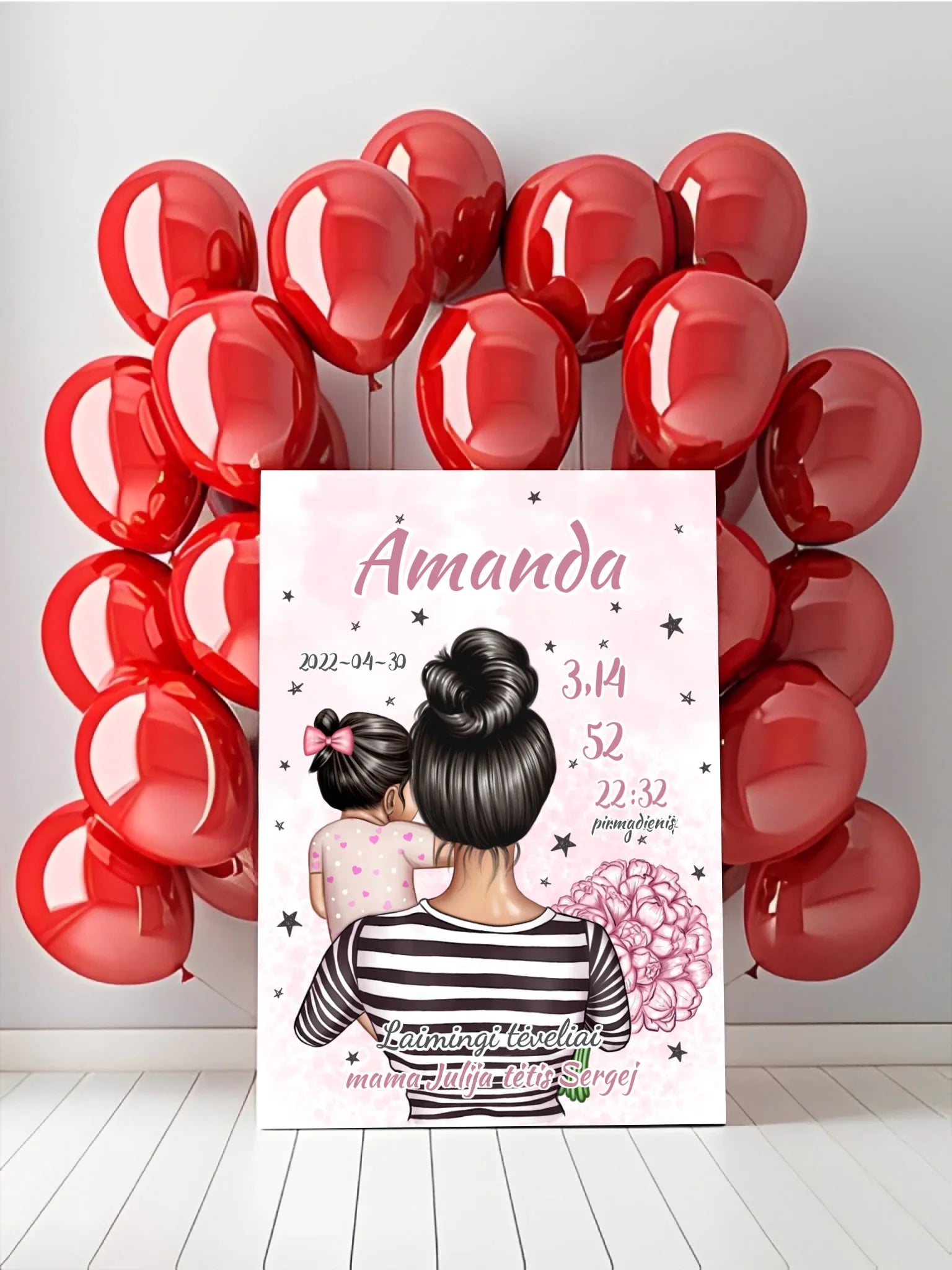 Personalizuota Vaiko Gimimo Metrikų Iliustracija ant drobės, Mylimiausia mama, Mergaitės gimimo metrika  Drobe -  dovanokis.lt