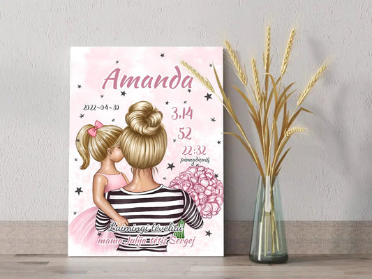 Personalizuota Vaiko Gimimo Metrikų Iliustracija ant drobės, Mylimiausia mama blondine, Mergaitės gimimo metrika  Drobe -  dovanokis.lt