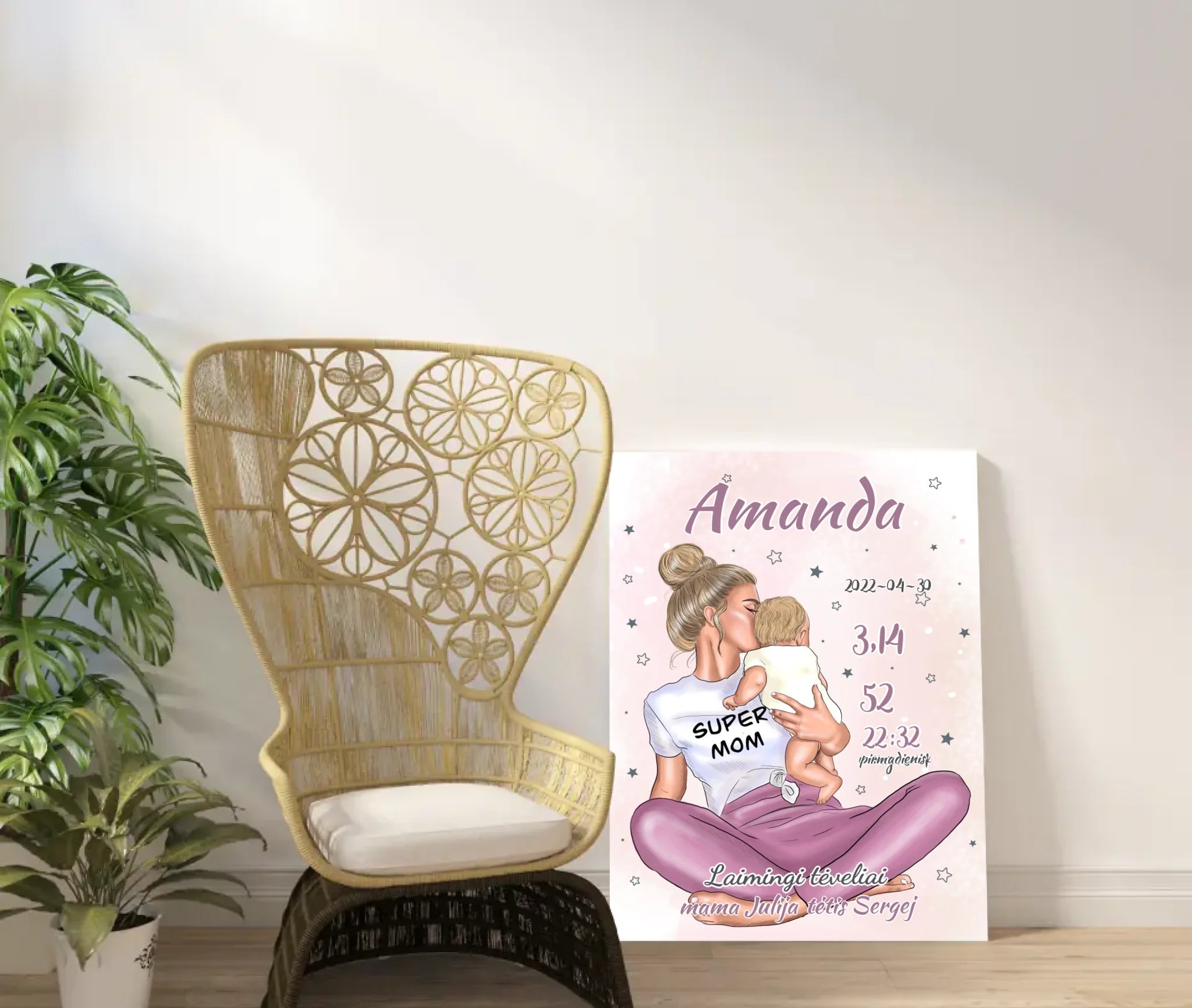 Personalizuota Vaiko Gimimo Metrikų Iliustracija ant drobės, Super Mama, Mergaitės gimimo metrika  Drobe -  dovanokis.lt