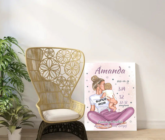 Personalizuota Vaiko Gimimo Metrikų Iliustracija ant drobės, Super Mama, Mergaitės gimimo metrika  Drobe -  dovanokis.lt