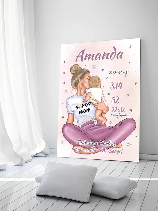 Personalizuota Vaiko Gimimo Metrikų Iliustracija ant drobės, Super Mama, Mergaitės gimimo metrika  Drobe -  dovanokis.lt
