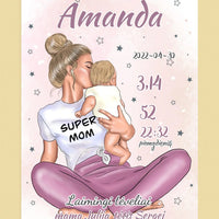 Personalizuota Vaiko Gimimo Metrikų Iliustracija ant drobės, Super Mama, Mergaitės gimimo metrika  Drobe -  dovanokis.lt