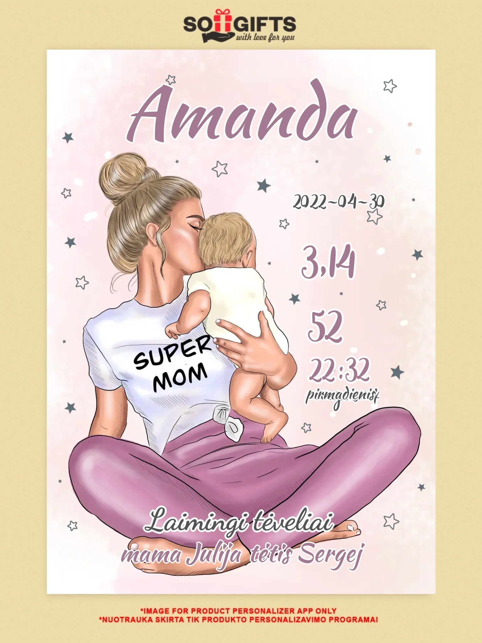 Personalizuota Vaiko Gimimo Metrikų Iliustracija ant drobės, Super Mama, Mergaitės gimimo metrika  Drobe -  dovanokis.lt
