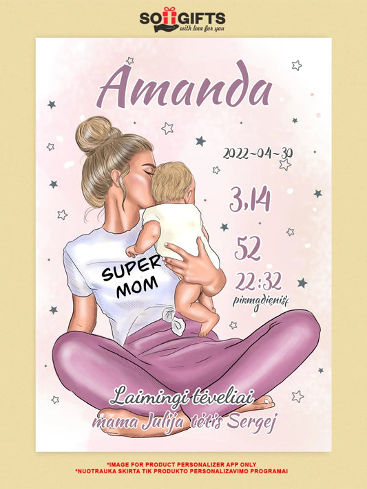 Personalizuota Vaiko Gimimo Metrikų Iliustracija ant drobės, Super Mama, Mergaitės gimimo metrika  Drobe -  dovanokis.lt