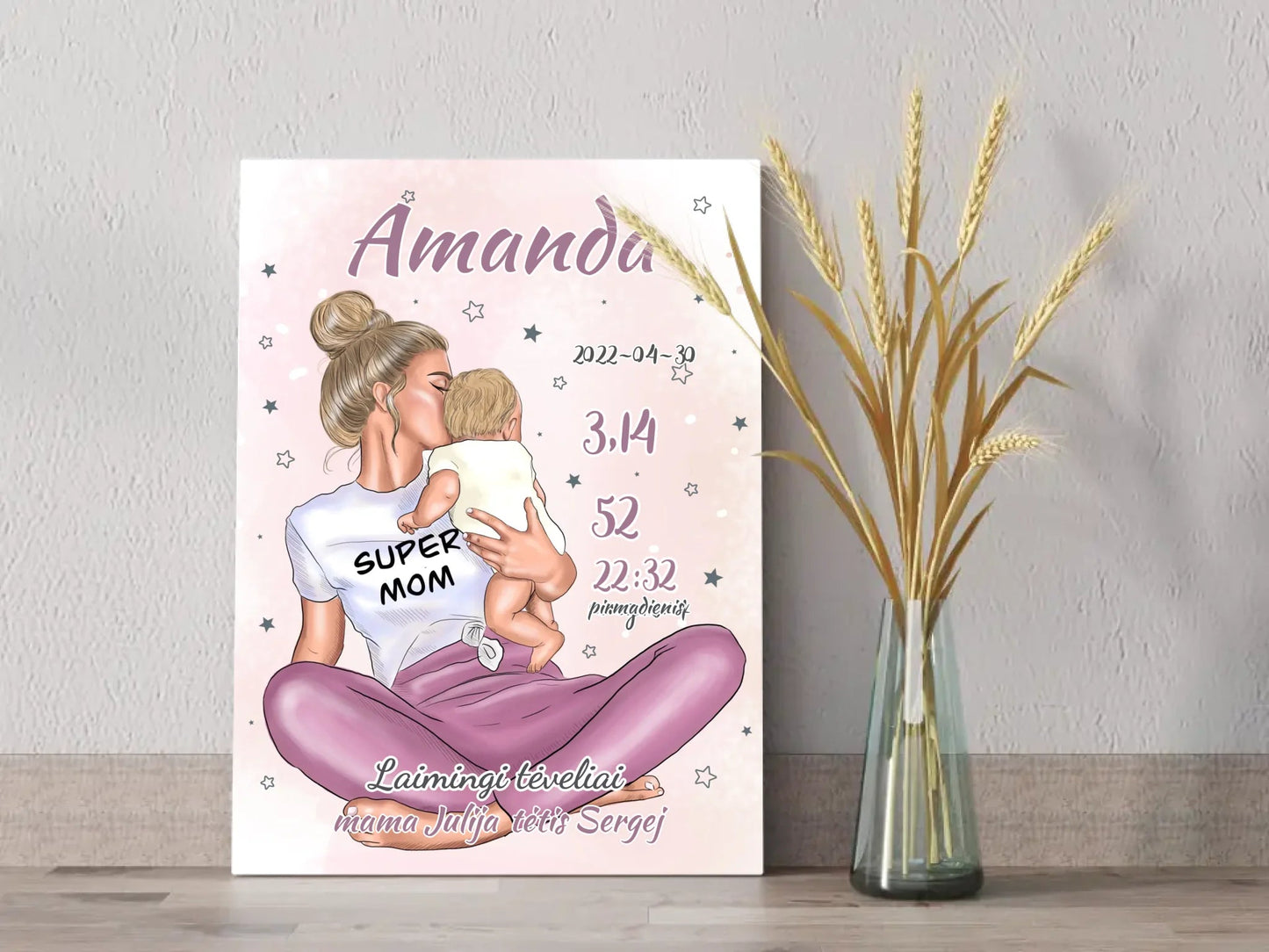 Personalizuota Vaiko Gimimo Metrikų Iliustracija ant drobės, Super Mama, Mergaitės gimimo metrika  Drobe -  dovanokis.lt