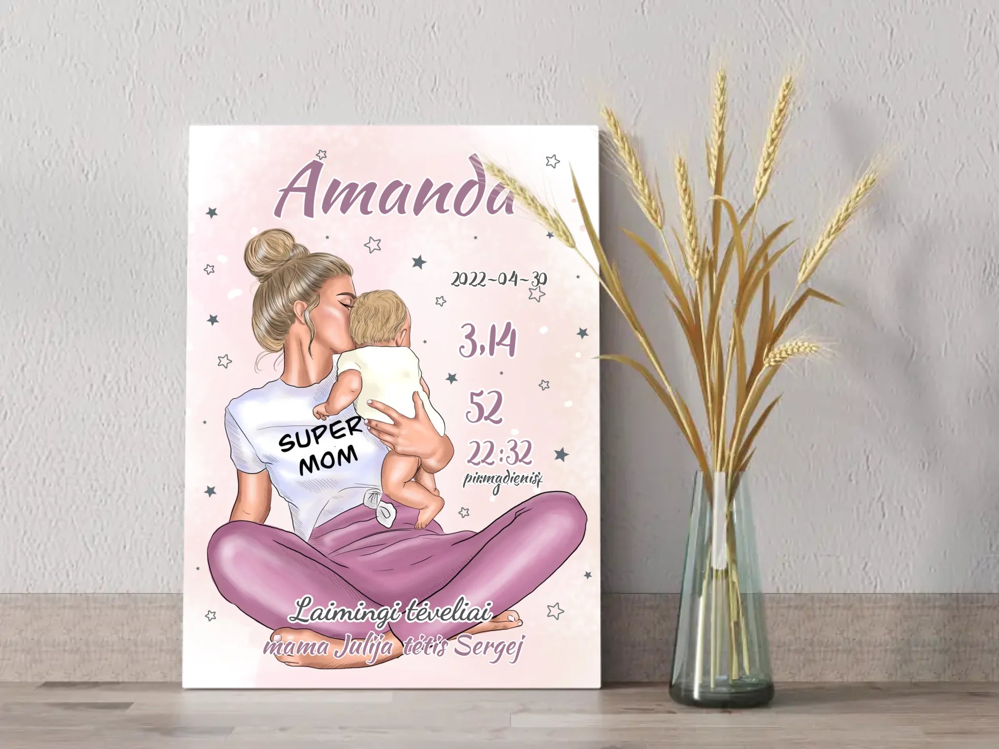 Personalizuota Vaiko Gimimo Metrikų Iliustracija ant drobės, Super Mama, Mergaitės gimimo metrika  Drobe -  dovanokis.lt