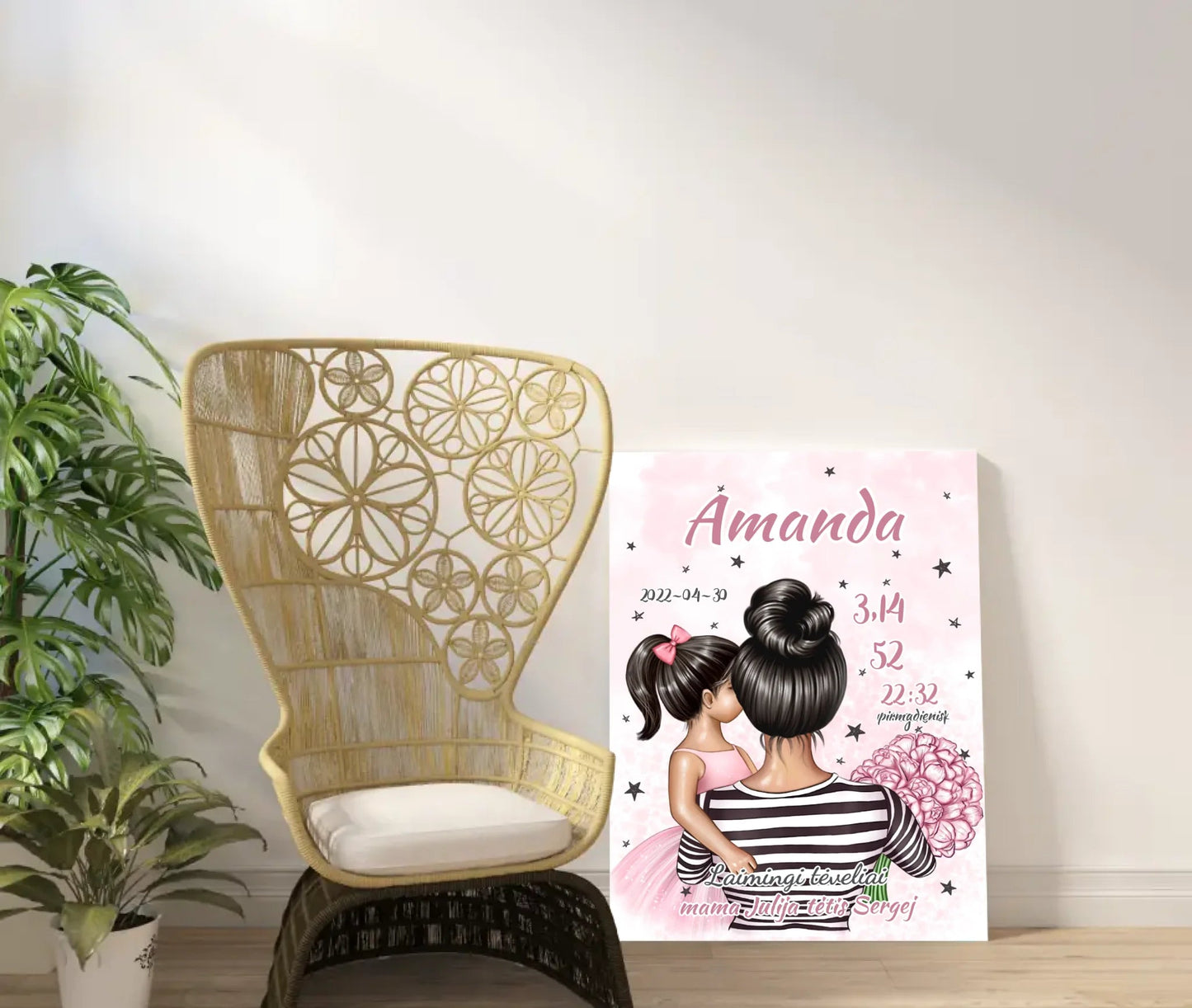 Personalizuota Vaiko Gimimo Metrikų Iliustracija ant drobės, Mylimiausia mama, Mergaitės gimimo metrika  Drobe -  dovanokis.lt