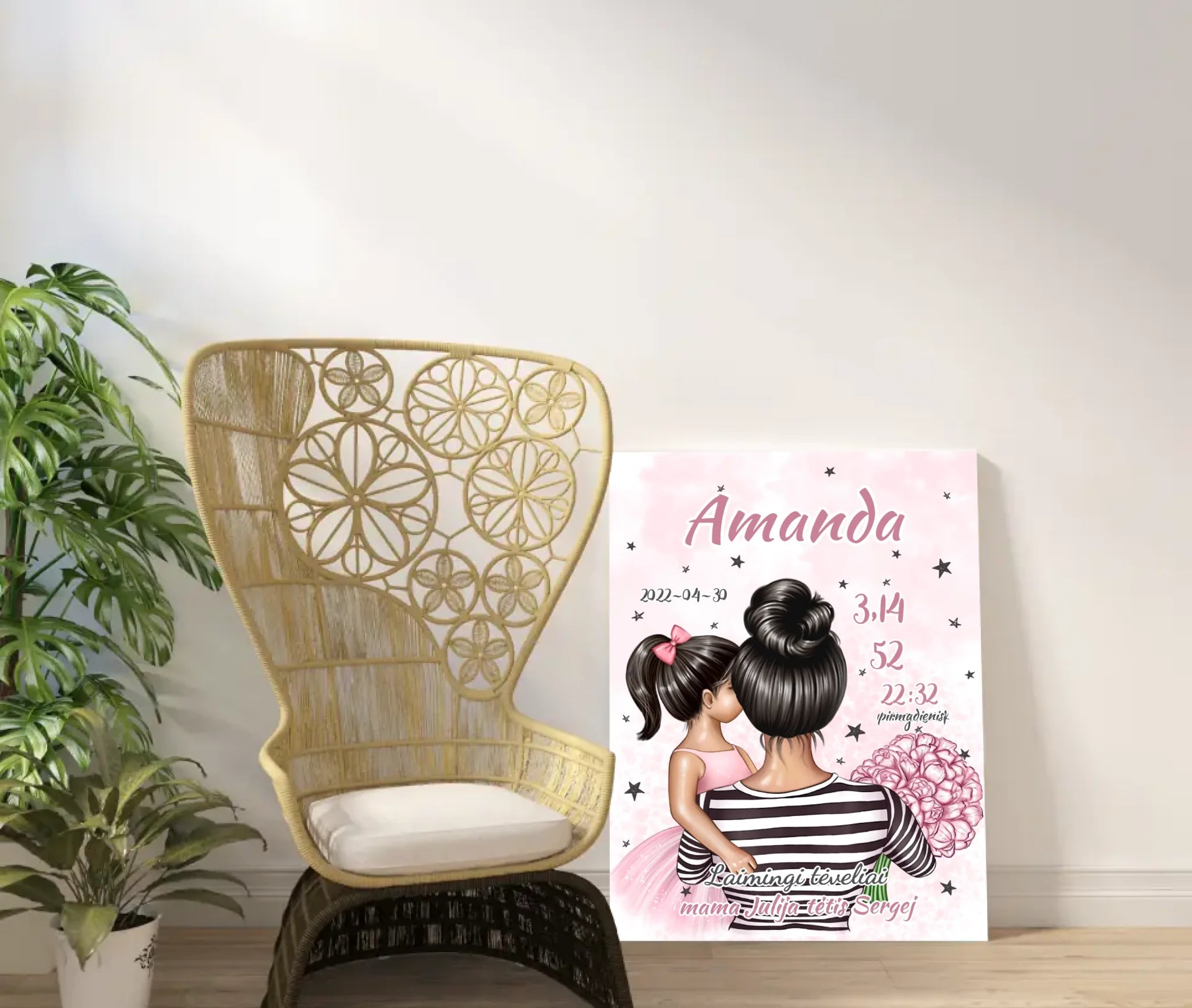 Personalizuota Vaiko Gimimo Metrikų Iliustracija ant drobės, Mylimiausia mama, Mergaitės gimimo metrika  Drobe -  dovanokis.lt
