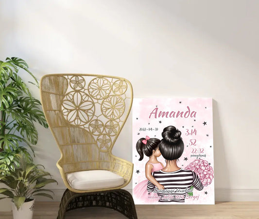 Personalizuota Vaiko Gimimo Metrikų Iliustracija ant drobės, Mylimiausia mama, Mergaitės gimimo metrika  Drobe -  dovanokis.lt