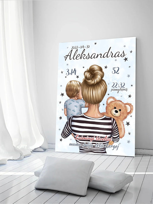 Personalizuota Vaiko Gimimo Metrikų Iliustracija ant drobės, Mylimiausia mama, Berniuko gimimo metrika  Drobe -  dovanokis.lt