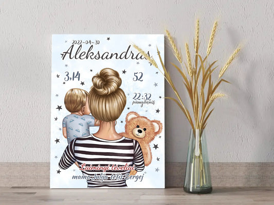 Personalizuota Vaiko Gimimo Metrikų Iliustracija ant drobės, Mylimiausia mama, Berniuko gimimo metrika  Drobe -  dovanokis.lt
