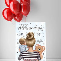 Personalizuota Vaiko Gimimo Metrikų Iliustracija ant drobės, Mylimiausia mama, Berniuko gimimo metrika  Drobe -  dovanokis.lt