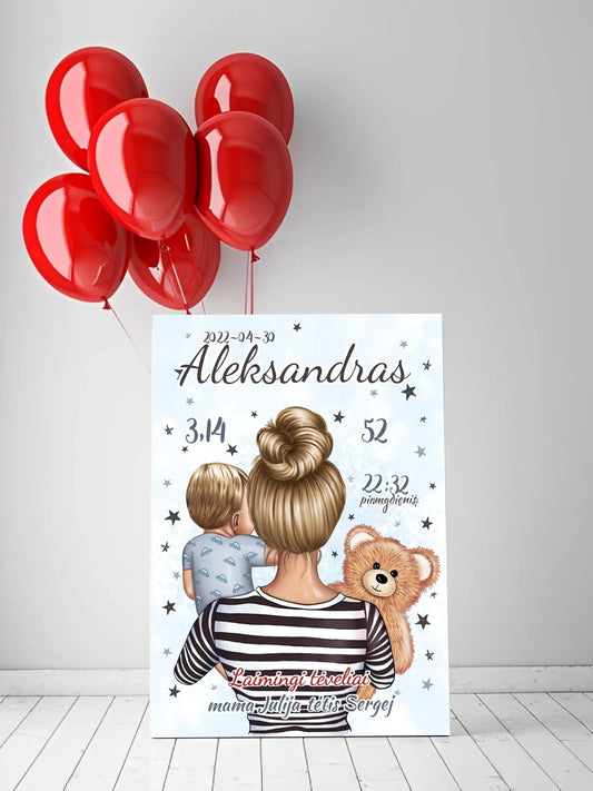 Personalizuota Vaiko Gimimo Metrikų Iliustracija ant drobės, Mylimiausia mama, Berniuko gimimo metrika  Drobe -  dovanokis.lt