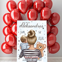 Personalizuota Vaiko Gimimo Metrikų Iliustracija ant drobės, Mylimiausia mama, Berniuko gimimo metrika  Drobe -  dovanokis.lt