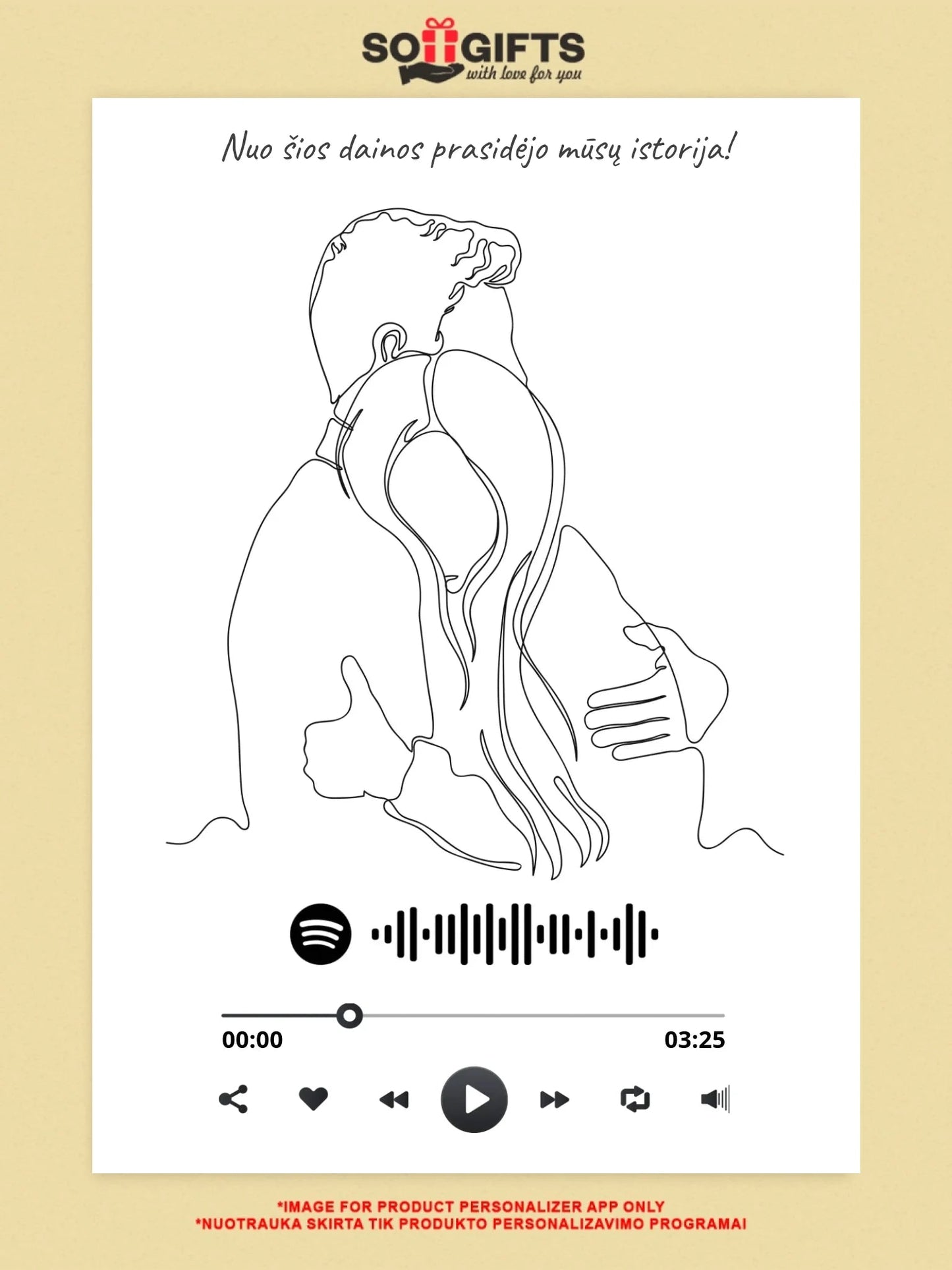 Personalizuotas Spotify muzikos grotuvas ant drobės, šilti apkabinimai iliustracija, su jūsų spotify kodu  Drobe -  dovanokis.lt