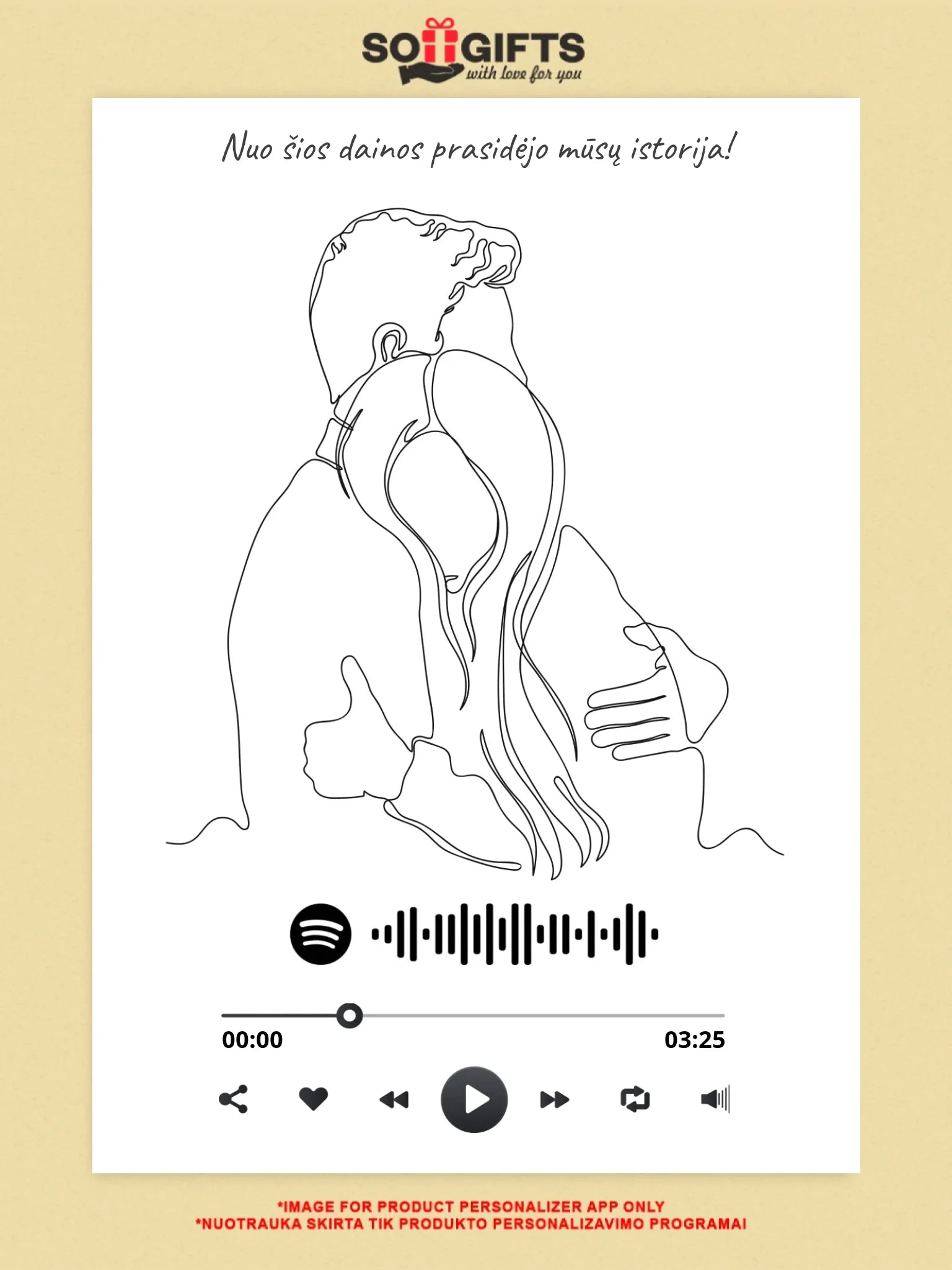 Personalizuotas Spotify muzikos grotuvas ant drobės, šilti apkabinimai iliustracija, su jūsų spotify kodu  Drobe -  dovanokis.lt
