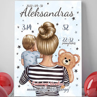 Personalizuota Vaiko Gimimo Metrikų Iliustracija ant drobės, Mylimiausia mama, Berniuko gimimo metrika  Drobe -  dovanokis.lt