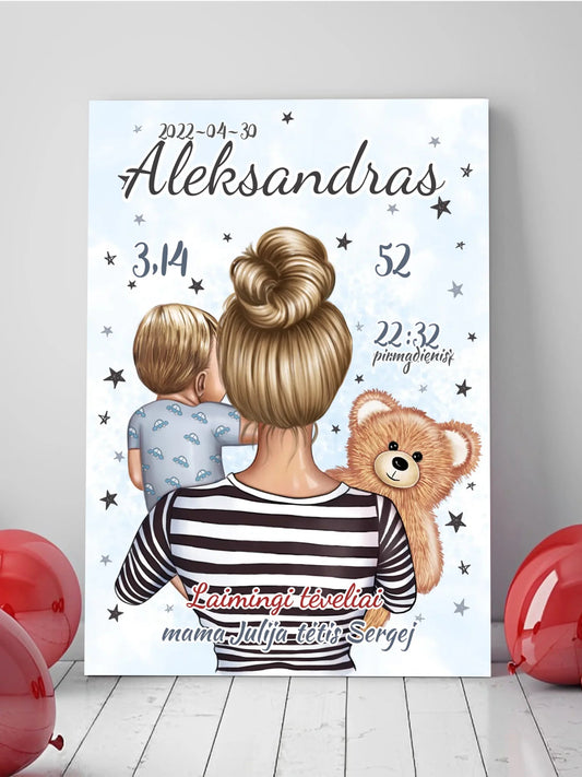 Personalizuota Vaiko Gimimo Metrikų Iliustracija ant drobės, Mylimiausia mama, Berniuko gimimo metrika  Drobe -  dovanokis.lt